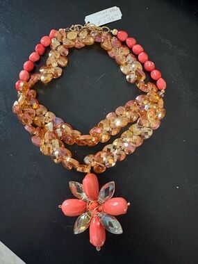 Gold and Coral Crystal Multi-Strand Necklace with Floral Pendant